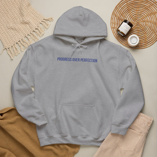 "Progress Over Perfection" Unisex Hoodie — Minimal Blue Statement | Uplifted By Design™ Mental Health & Emotional Wellbeing Hoodie