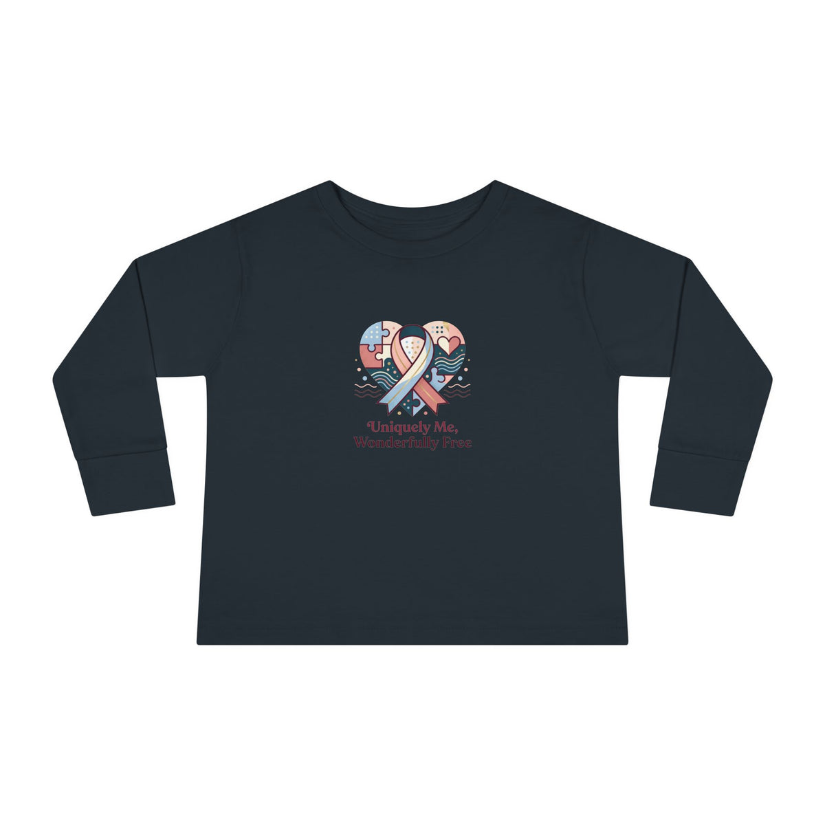 "Uniquely Me, Wonderfully Free" Toddler Long Sleeve Tee — Puzzle Heart Ribbon | Uplifted By Design™ Autism Acceptance & Sensory Pride Shirt