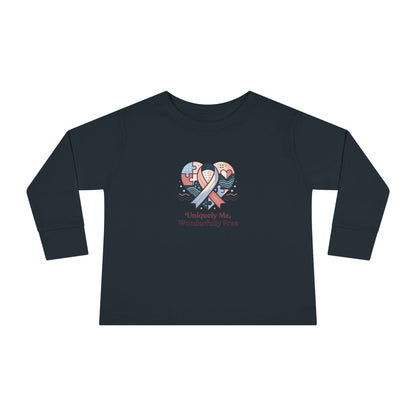 "Uniquely Me, Wonderfully Free" Toddler Long Sleeve Tee — Puzzle Heart Ribbon | Uplifted By Design™ Autism Acceptance & Sensory Pride Shirt