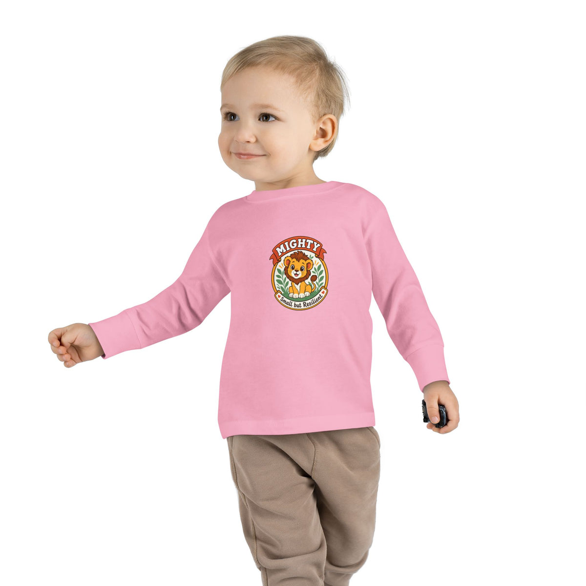 Mighty & Small but Resilient" Toddler Long Sleeve Tee — Cute Lion Design | Uplifted By Design™ Inspirational Kids Shirt