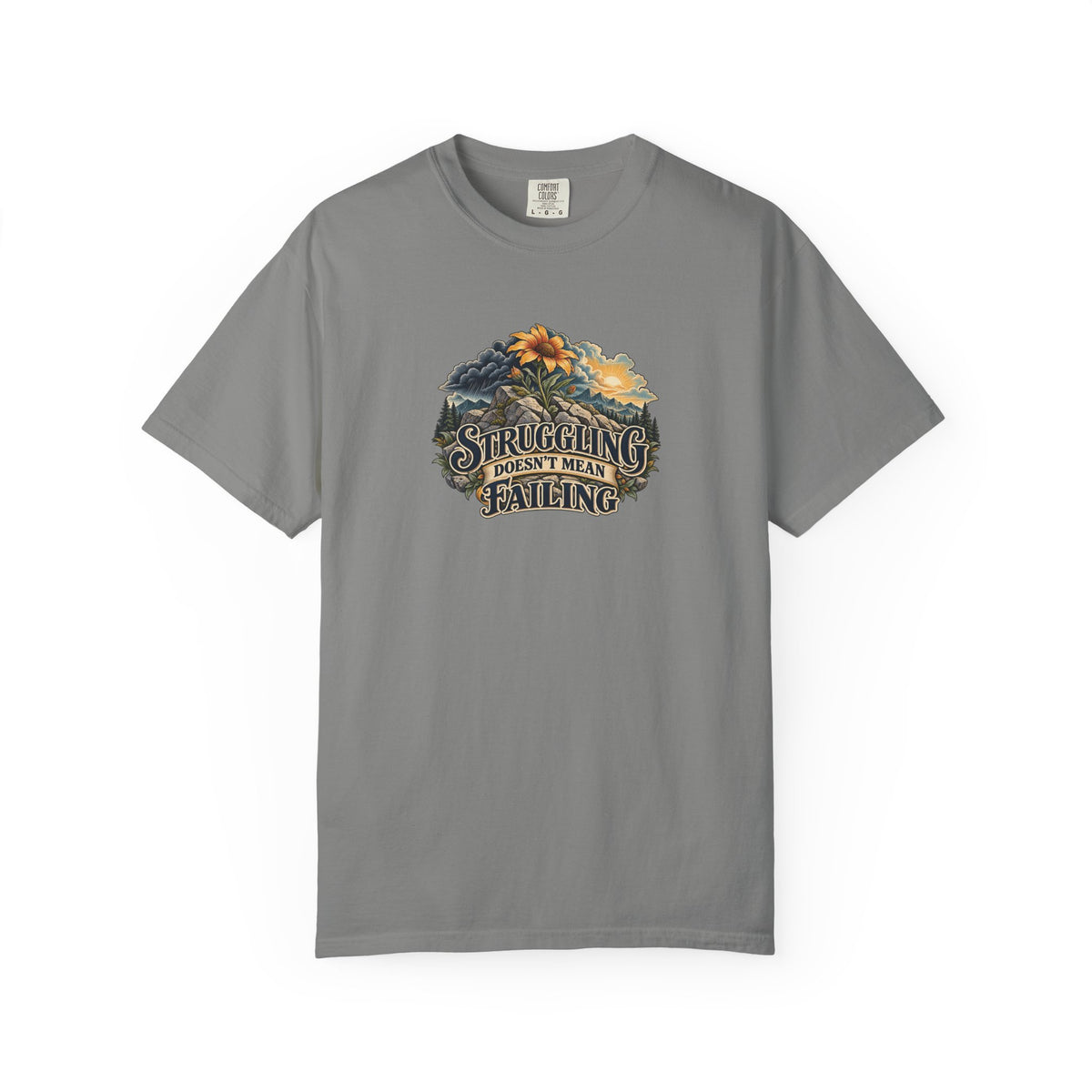 "Struggling Doesn't Mean Failing" Illustrated Edition Unisex T-Shirt — Vintage Wildflower & Clearing-Storm Illustration | Uplifted By Design™ Mental Health & Emotional Wellbeing Tee