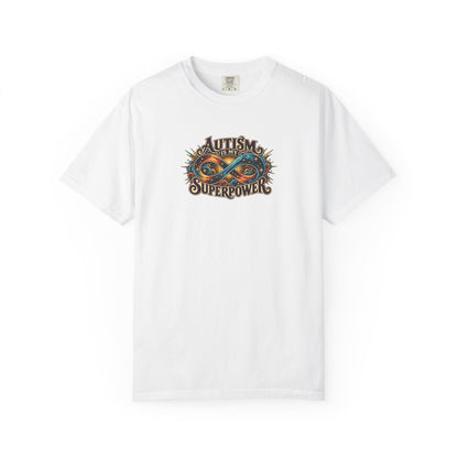 "Autism Is My Superpower" Illustrated Edition Unisex T-Shirt — Radiant Infinity & Starburst Graphic | Uplifted By Design™ Autism Acceptance & Neurodiversity Tee