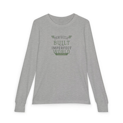 "Perfectly Built in an Imperfect World" Youth Long Sleeve Tee — Collegiate Arch Stack | Uplifted By Design™ Inspirational Kids Shirt