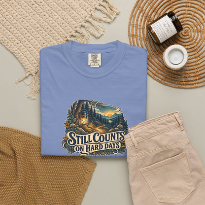 "Still Counts on Hard Days" Illustrated Edition Unisex T-Shirt — Vintage Lantern & Winding Forest Path | Uplifted By Design™ Mental Health & Emotional Wellbeing Tee