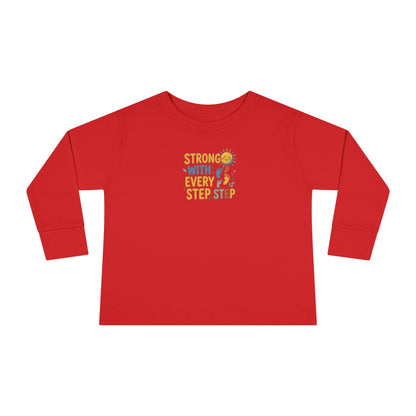 "Strong With Every Step" Toddler Long Sleeve Tee — Sunshine Design | Uplifted By Design™ Cerebral Palsy & Adaptive Movement Shirt