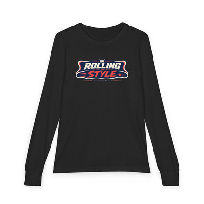"Rolling In Style" Youth Long Sleeve Tee — Streetwear Banner Crest | Uplifted By Design™ Cerebral Palsy & Disability Pride Shirt