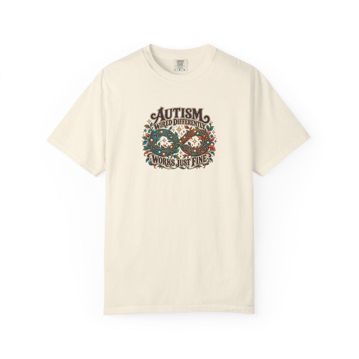 "Wired Differently Works Just Fine" Illustrated Edition Unisex T-Shirt — Botanical Circuit Infinity Graphic | Uplifted By Design™ Autism Acceptance & Neurodiversity Tee