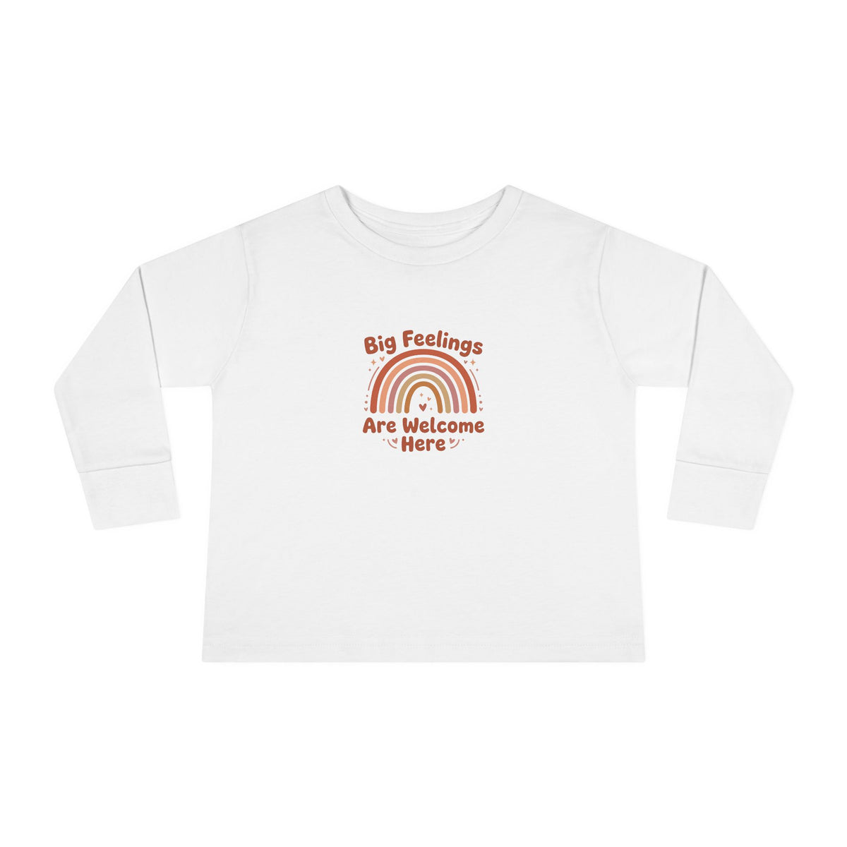 "Big Feelings Are Welcome Here" Toddler Long Sleeve Tee — Retro Feelings Rainbow | Uplifted By Design™ Inspirational Kids Shirt