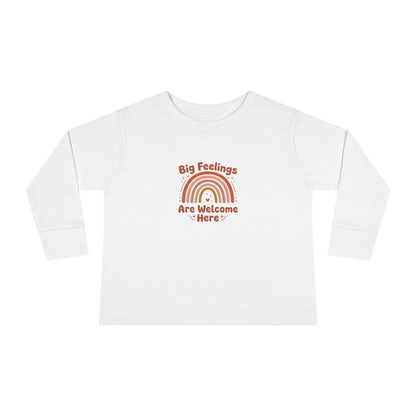 "Big Feelings Are Welcome Here" Toddler Long Sleeve Tee — Retro Feelings Rainbow | Uplifted By Design™ Inspirational Kids Shirt