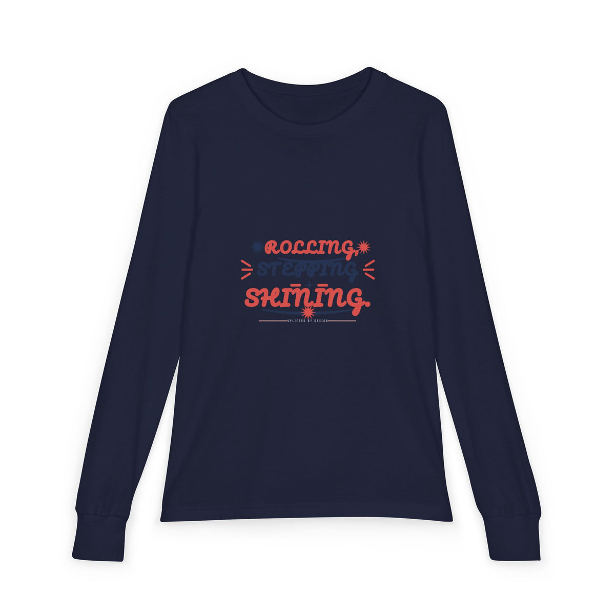 "Rolling, Stepping, Shining" Youth Long Sleeve Tee — Hand-Lettered Lockup | Uplifted By Design™ Cerebral Palsy & Disability Pride Shirt