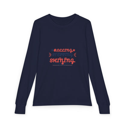 "Rolling, Stepping, Shining" Youth Long Sleeve Tee — Hand-Lettered Lockup | Uplifted By Design™ Cerebral Palsy & Disability Pride Shirt