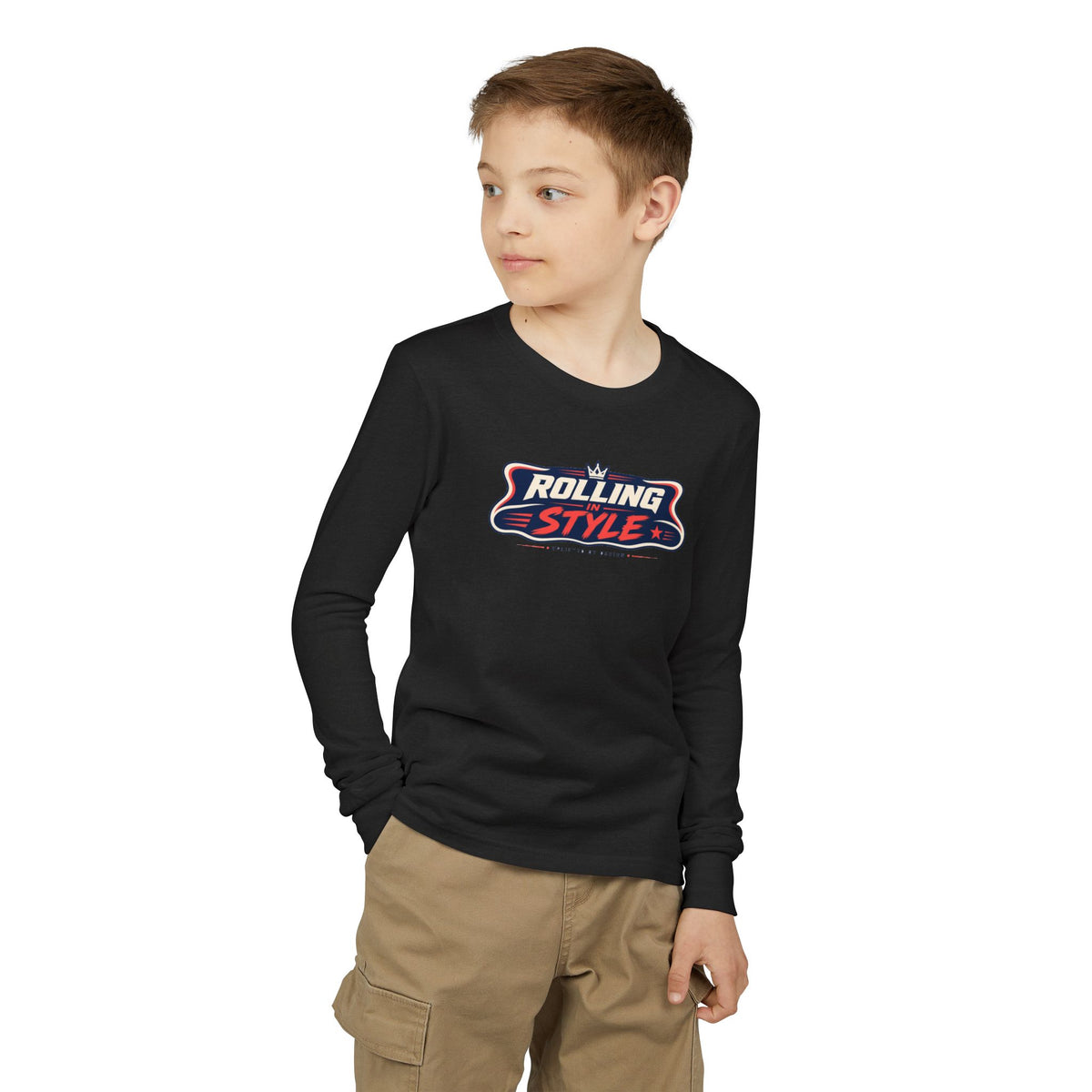 "Rolling In Style" Youth Long Sleeve Tee — Streetwear Banner Crest | Uplifted By Design™ Cerebral Palsy & Disability Pride Shirt