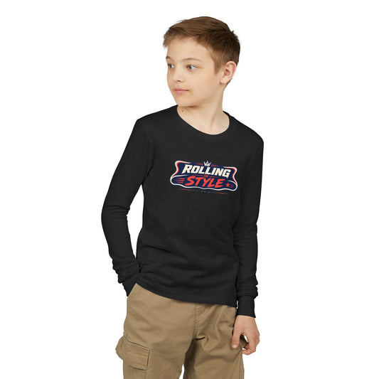 "Rolling In Style" Youth Long Sleeve Tee — Streetwear Banner Crest | Uplifted By Design™ Cerebral Palsy & Disability Pride Shirt