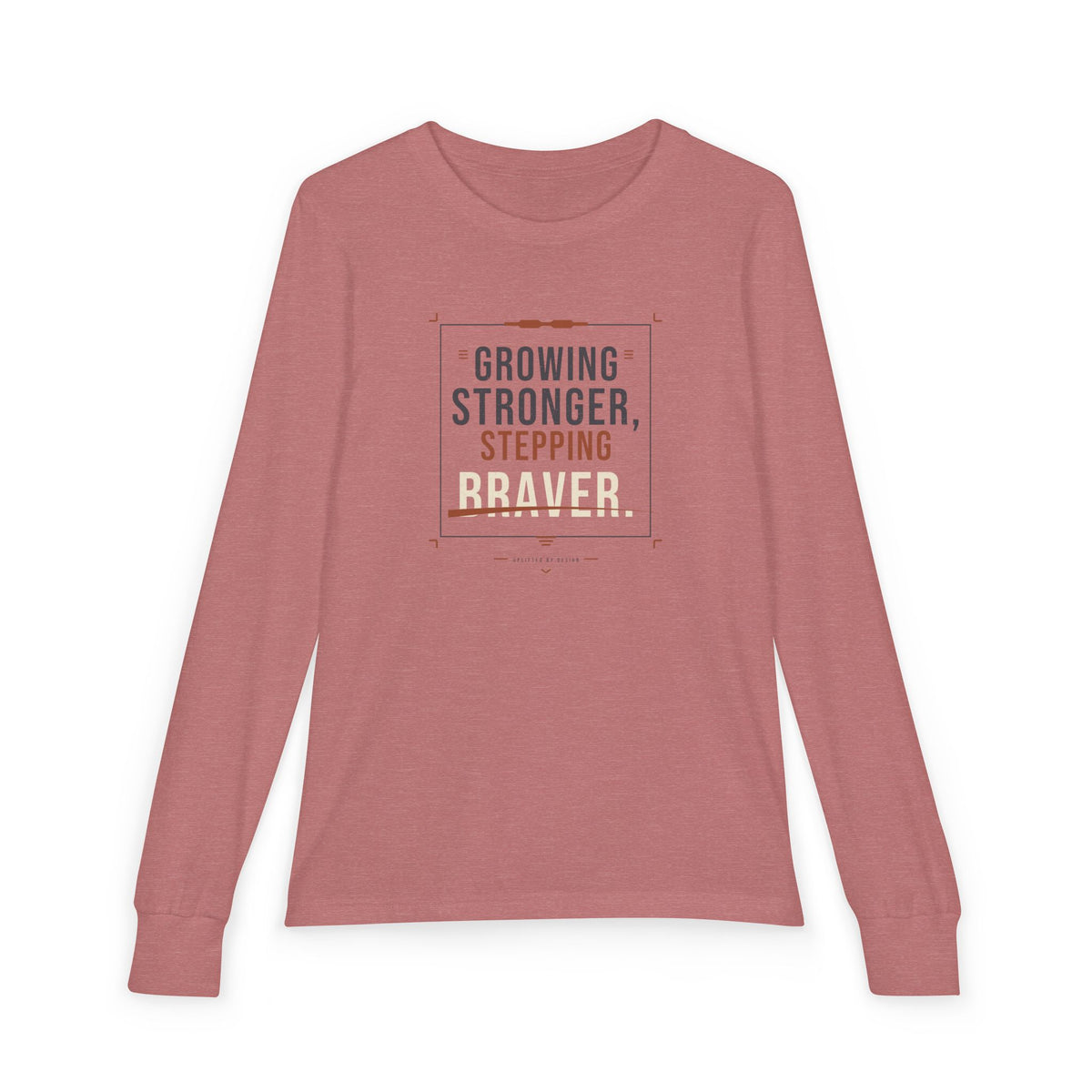 "Growing Stronger, Stepping Braver" Youth Long Sleeve Tee — Throwback Endurance Poster | Uplifted By Design™ Cerebral Palsy & Adaptive Movement Shirt