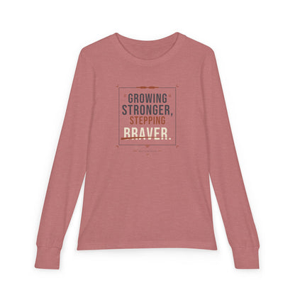 "Growing Stronger, Stepping Braver" Youth Long Sleeve Tee — Throwback Endurance Poster | Uplifted By Design™ Cerebral Palsy & Adaptive Movement Shirt