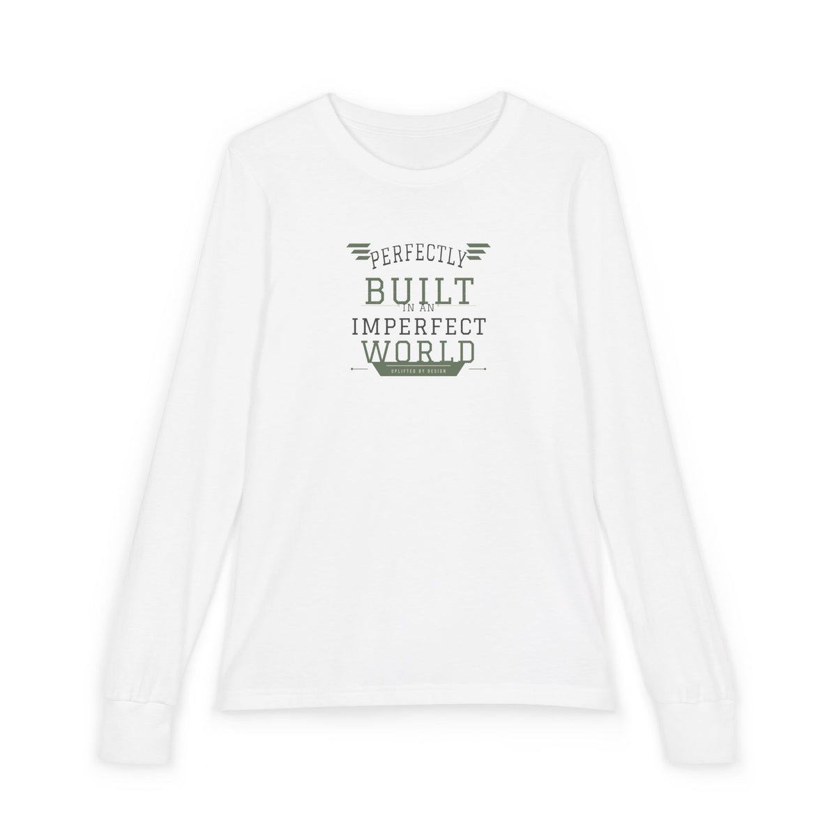 "Perfectly Built in an Imperfect World" Youth Long Sleeve Tee — Collegiate Arch Stack | Uplifted By Design™ Inspirational Kids Shirt
