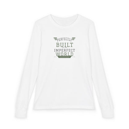"Perfectly Built in an Imperfect World" Youth Long Sleeve Tee — Collegiate Arch Stack | Uplifted By Design™ Inspirational Kids Shirt