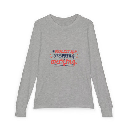 "Rolling, Stepping, Shining" Youth Long Sleeve Tee — Hand-Lettered Lockup | Uplifted By Design™ Cerebral Palsy & Disability Pride Shirt