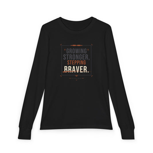 "Growing Stronger, Stepping Braver" Youth Long Sleeve Tee — Throwback Endurance Poster | Uplifted By Design™ Cerebral Palsy & Adaptive Movement Shirt