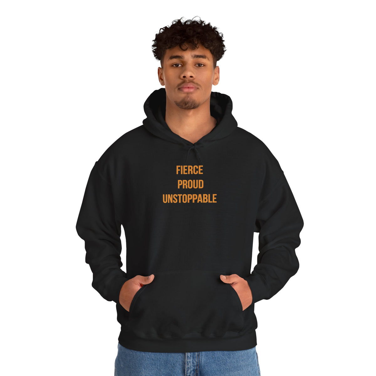 "Fierce, Proud, Unstoppable" Unisex Hoodie — Stacked Gold Lettering | Uplifted By Design™ Cerebral Palsy & Adaptive Movement Hoodie