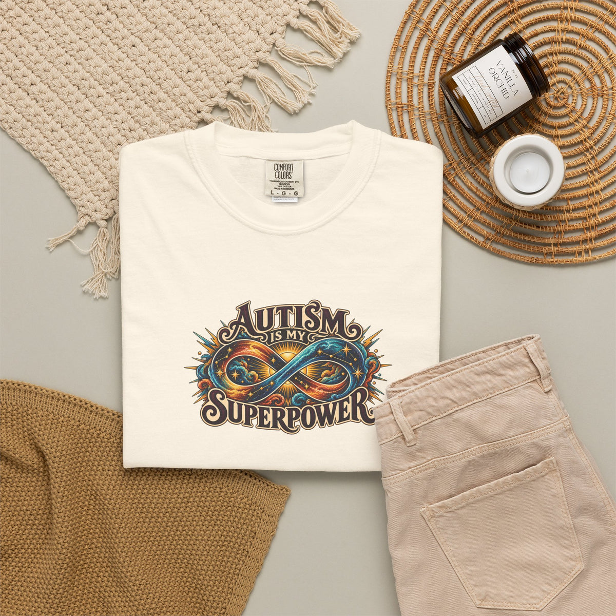 "Autism Is My Superpower" Illustrated Edition Unisex T-Shirt — Radiant Infinity & Starburst Graphic | Uplifted By Design™ Autism Acceptance & Neurodiversity Tee