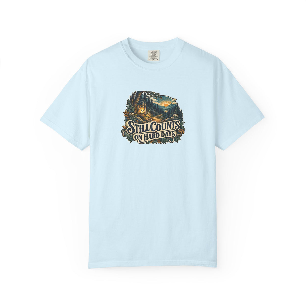 "Still Counts on Hard Days" Illustrated Edition Unisex T-Shirt — Vintage Lantern & Winding Forest Path | Uplifted By Design™ Mental Health & Emotional Wellbeing Tee