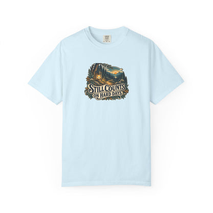 "Still Counts on Hard Days" Illustrated Edition Unisex T-Shirt — Vintage Lantern & Winding Forest Path | Uplifted By Design™ Mental Health & Emotional Wellbeing Tee