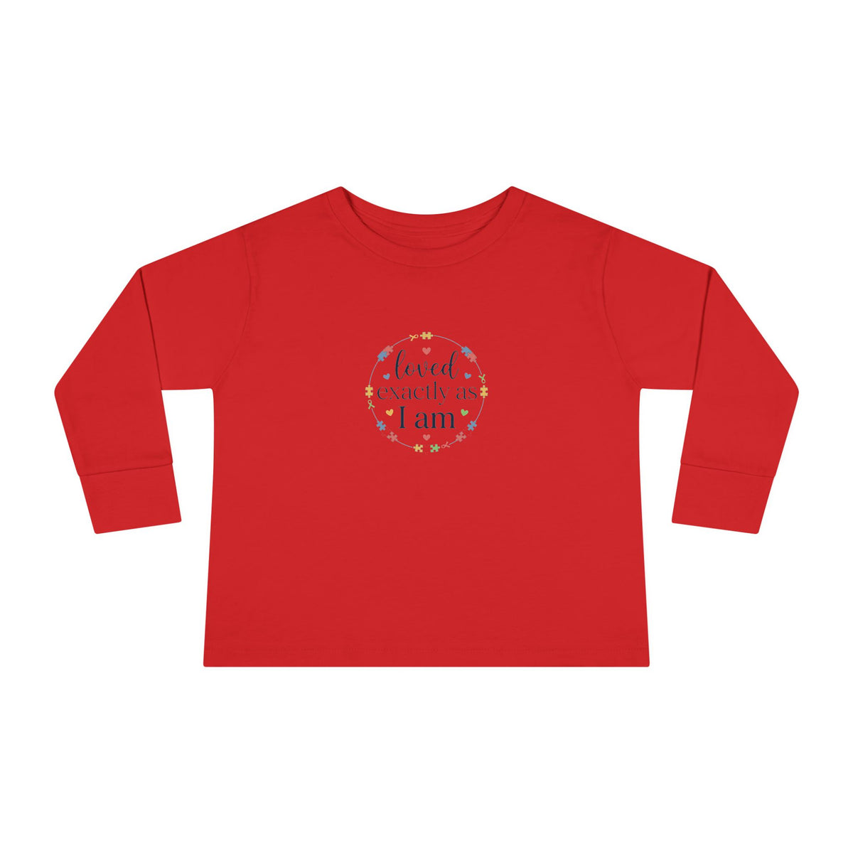 "Loved Exactly As I Am" Toddler Long Sleeve Tee — Puzzle Heart Wreath | Uplifted By Design™ Autism Acceptance & Sensory Pride Shirt