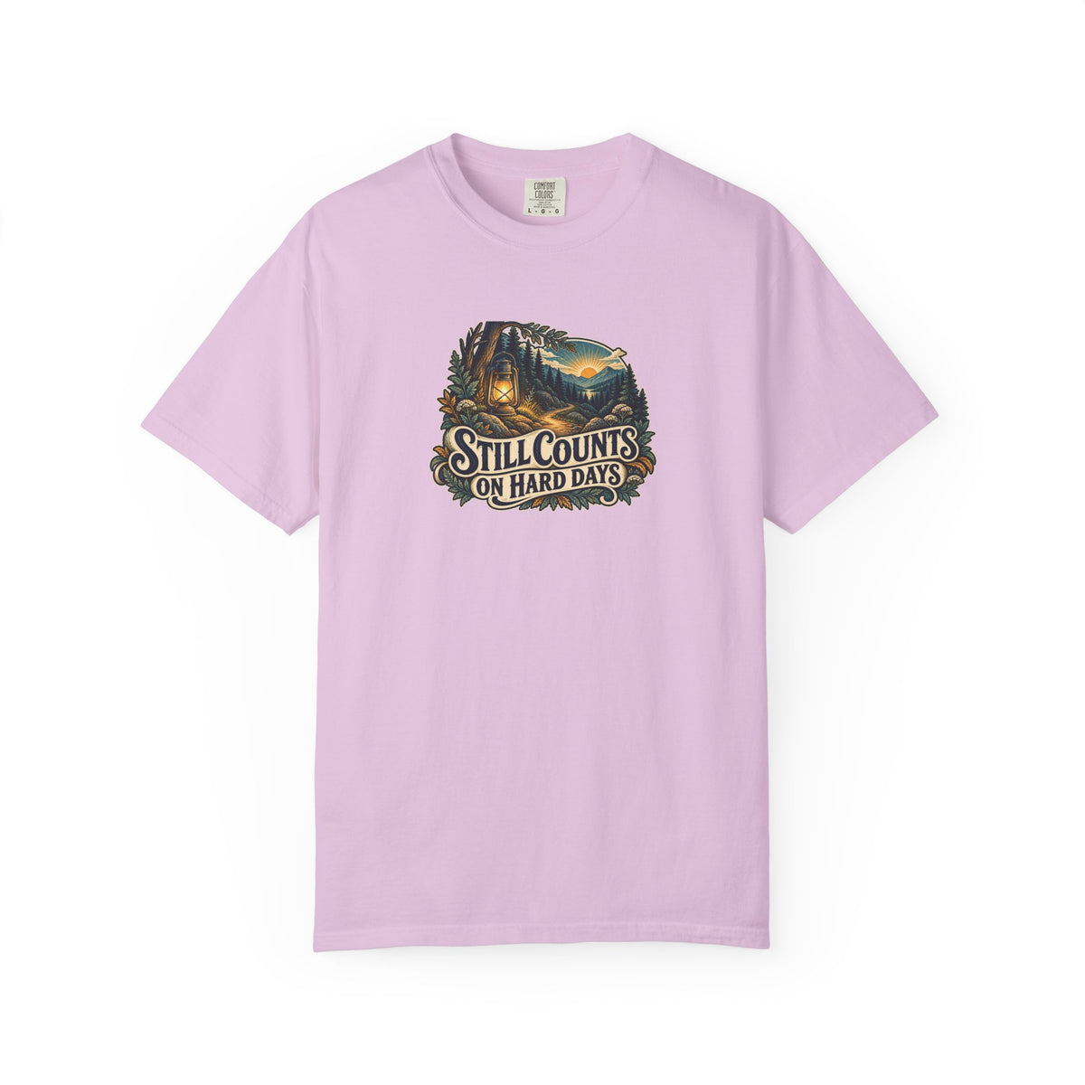 "Still Counts on Hard Days" Illustrated Edition Unisex T-Shirt — Vintage Lantern & Winding Forest Path | Uplifted By Design™ Mental Health & Emotional Wellbeing Tee