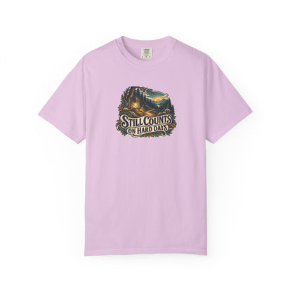 "Still Counts on Hard Days" Illustrated Edition Unisex T-Shirt — Vintage Lantern & Winding Forest Path | Uplifted By Design™ Mental Health & Emotional Wellbeing Tee