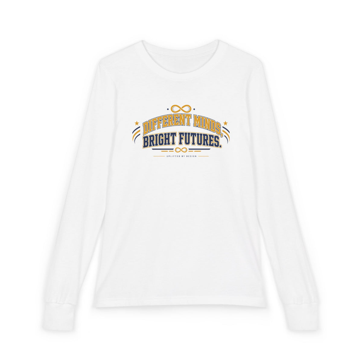 "Different Minds, Bright Futures" Youth Long Sleeve Tee — Collegiate Varsity Arch | Uplifted By Design™ Autism Acceptance & Sensory Pride Shirt