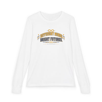 "Different Minds, Bright Futures" Youth Long Sleeve Tee — Collegiate Varsity Arch | Uplifted By Design™ Autism Acceptance & Sensory Pride Shirt