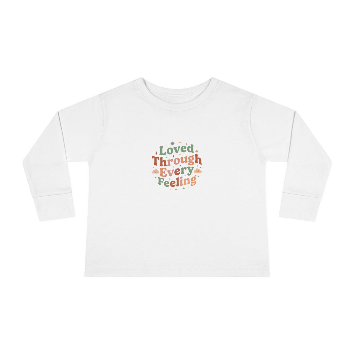 "Loved Through Every Feeling" Toddler Long Sleeve Tee — Groovy Sparkle Lettering | Uplifted By Design™ Inspirational Kids Shirt