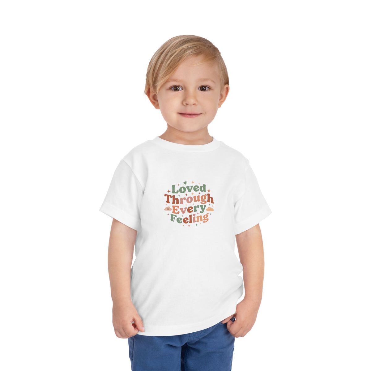 Loved Through Every Feeling Toddler Shirt | Emotional Wellness Sticker Badge Kids Tee
