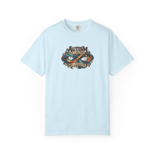 "Autism Is a Spectrum Not a Stereotype" Illustrated Edition Unisex T-Shirt — Colorful Infinity Ribbon & Stars | Uplifted By Design™ Autism Acceptance & Neurodiversity Tee