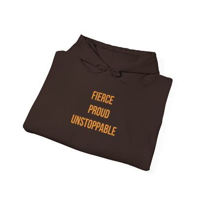"Fierce, Proud, Unstoppable" Unisex Hoodie — Stacked Gold Lettering | Uplifted By Design™ Cerebral Palsy & Adaptive Movement Hoodie