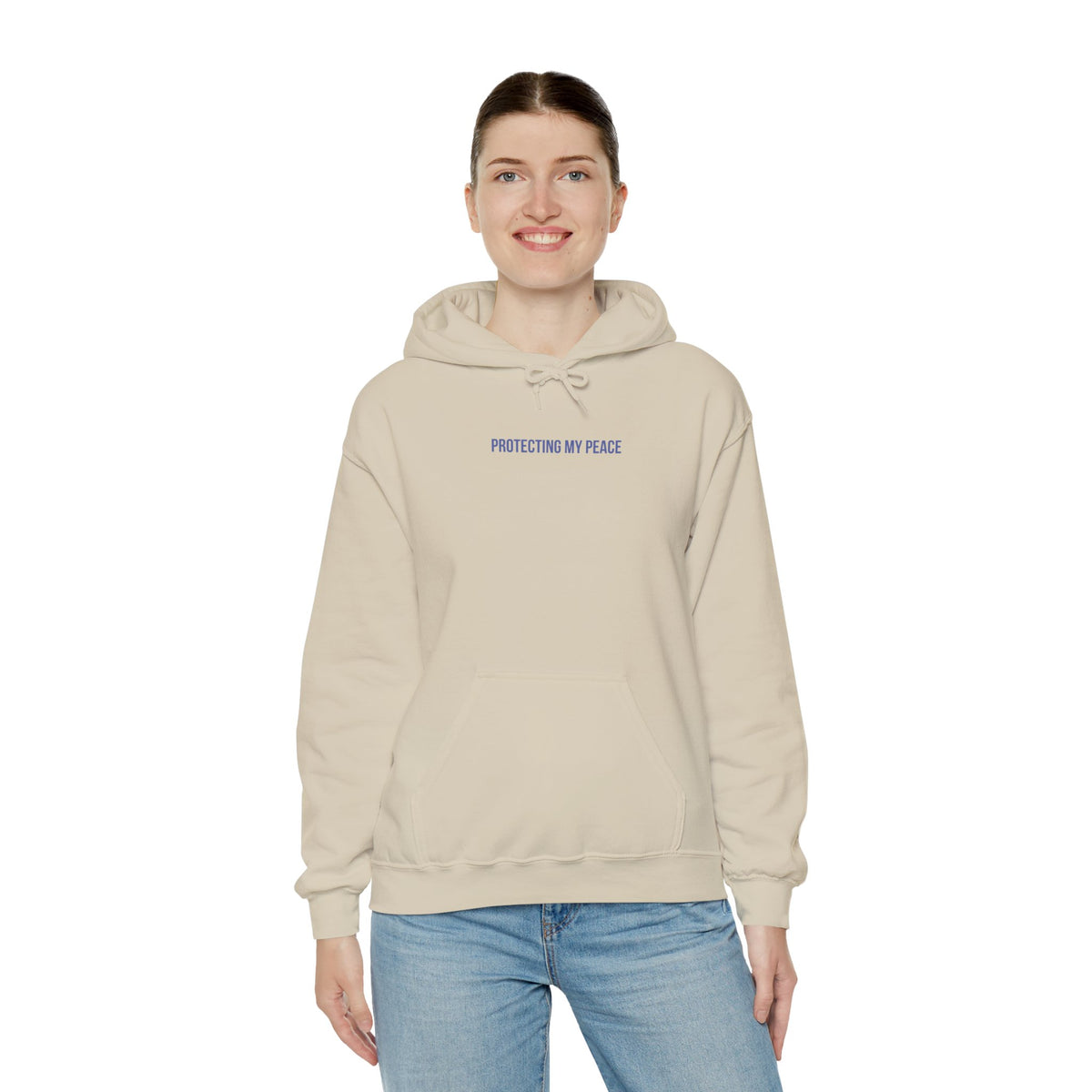 "Protecting My Peace" Unisex Hoodie — Minimal Blue Lettering | Uplifted By Design™ Mental Health & Emotional Wellbeing Hoodie