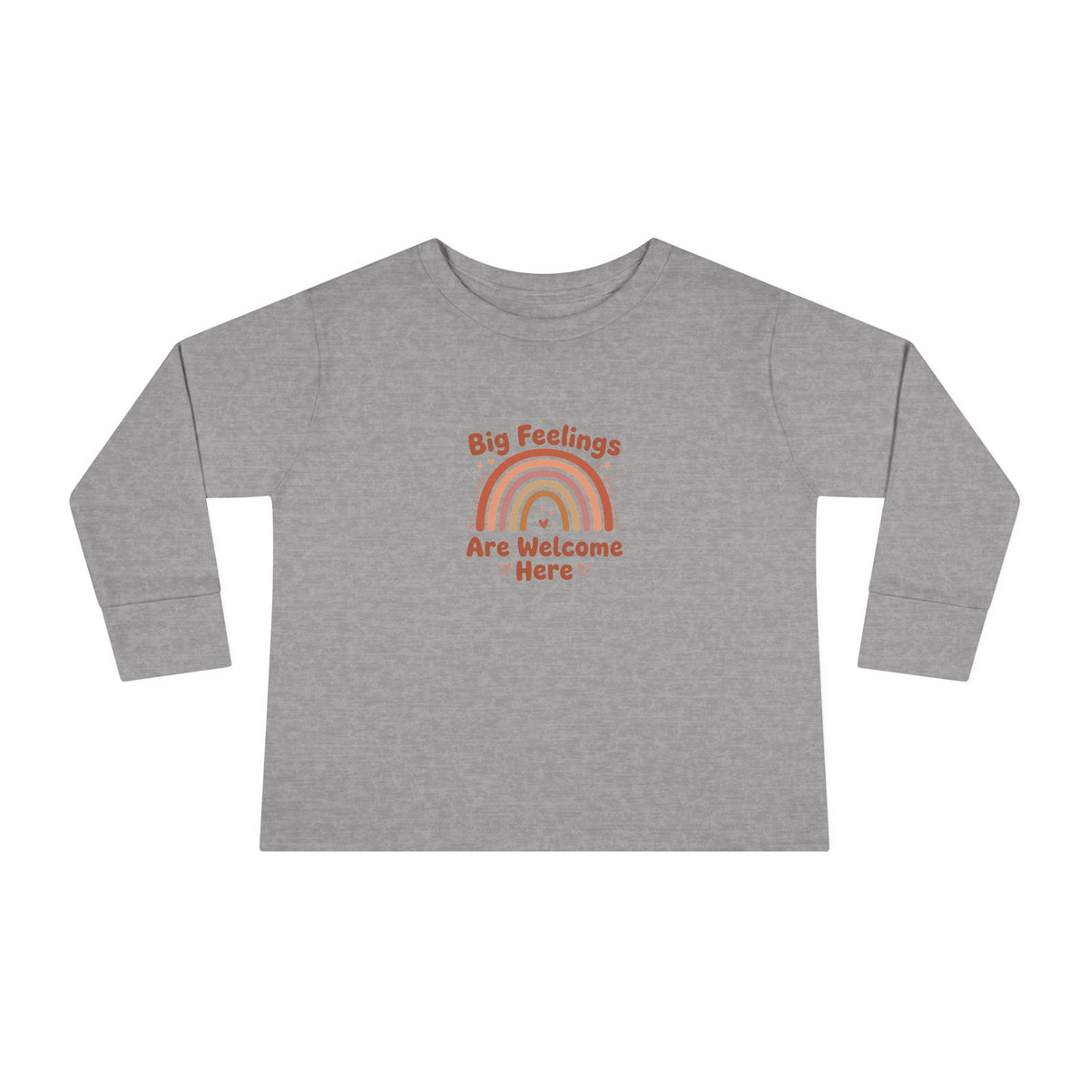 "Big Feelings Are Welcome Here" Toddler Long Sleeve Tee — Retro Feelings Rainbow | Uplifted By Design™ Inspirational Kids Shirt