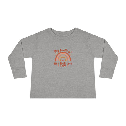 "Big Feelings Are Welcome Here" Toddler Long Sleeve Tee — Retro Feelings Rainbow | Uplifted By Design™ Inspirational Kids Shirt