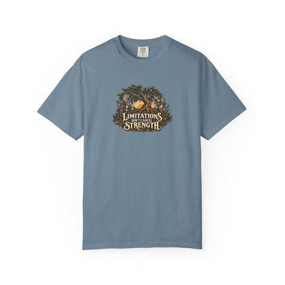 "Limitations Don't Cancel Strength" Illustrated Edition Unisex T-Shirt — Resilient Tree & Broken-Arch Graphic | Uplifted By Design™ Cerebral Palsy & Adaptive Movement Tee
