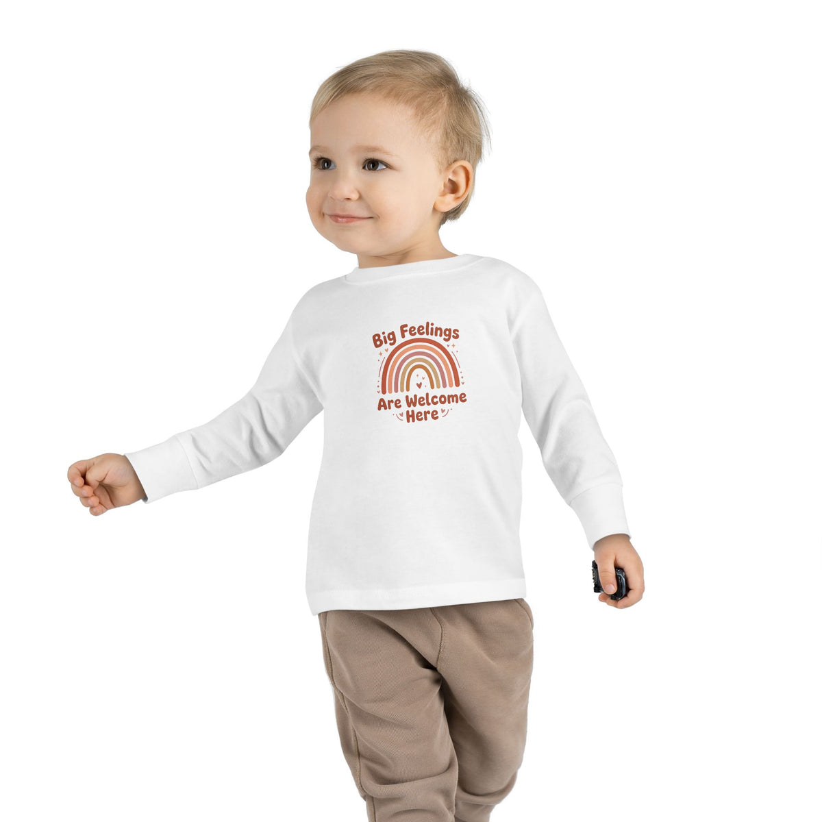 "Big Feelings Are Welcome Here" Toddler Long Sleeve Tee — Retro Feelings Rainbow | Uplifted By Design™ Inspirational Kids Shirt