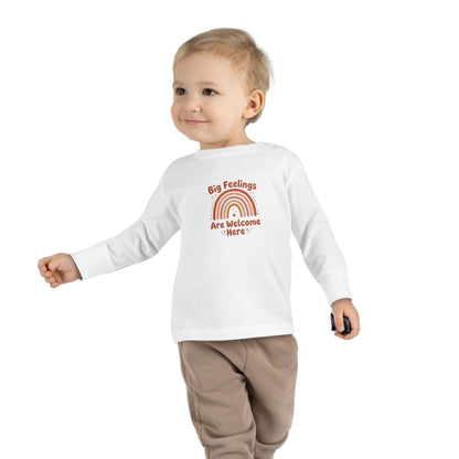 "Big Feelings Are Welcome Here" Toddler Long Sleeve Tee — Retro Feelings Rainbow | Uplifted By Design™ Inspirational Kids Shirt