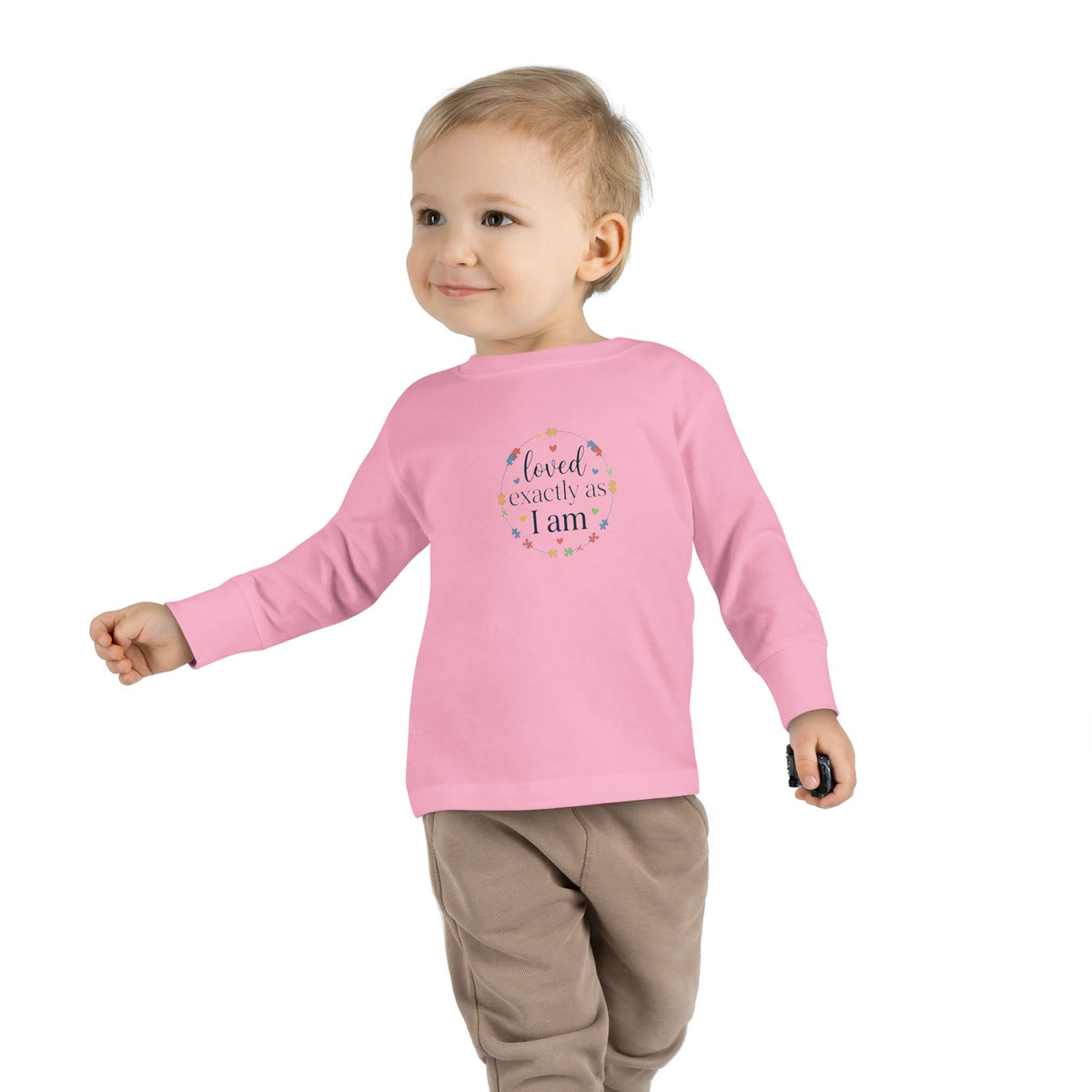 "Loved Exactly As I Am" Toddler Long Sleeve Tee — Puzzle Heart Wreath | Uplifted By Design™ Autism Acceptance & Sensory Pride Shirt