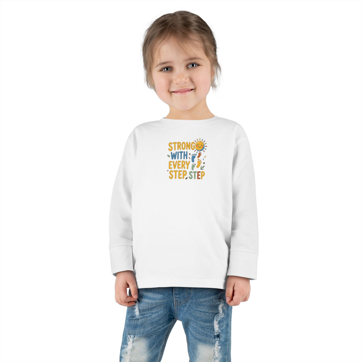 "Strong With Every Step" Toddler Long Sleeve Tee — Sunshine Design | Uplifted By Design™ Cerebral Palsy & Adaptive Movement Shirt