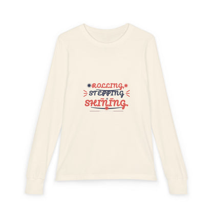 "Rolling, Stepping, Shining" Youth Long Sleeve Tee — Hand-Lettered Lockup | Uplifted By Design™ Cerebral Palsy & Disability Pride Shirt