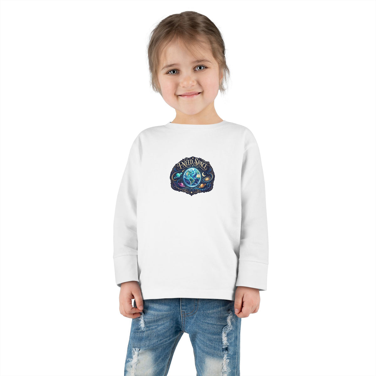 "I Need Space" Toddler Long Sleeve Tee — Cosmic Calm Planet | Uplifted By Design™ Autism Acceptance & Sensory Pride Shirt