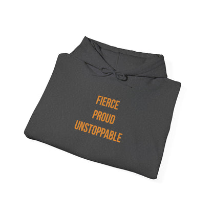 "Fierce, Proud, Unstoppable" Unisex Hoodie — Stacked Gold Lettering | Uplifted By Design™ Cerebral Palsy & Adaptive Movement Hoodie