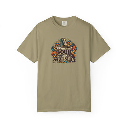 "Professionally Loud Intentionally Autistic" Illustrated Edition Unisex T-Shirt — Vintage Microphone & Sound Ribbons | Uplifted By Design™ Autism Acceptance & Sensory Pride Tee