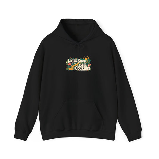 "Little Steps, Big Courage" Unisex Hoodie — Sunrise Path Graphic | Uplifted By Design™ Mental Health & Emotional Wellbeing Hoodie