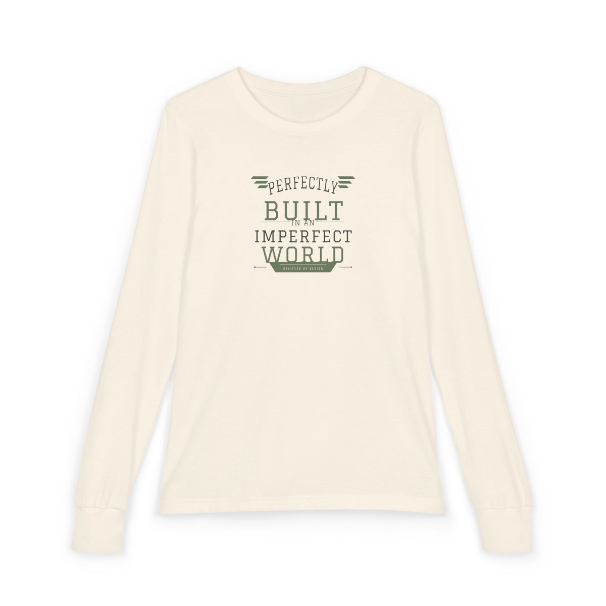 "Perfectly Built in an Imperfect World" Youth Long Sleeve Tee — Collegiate Arch Stack | Uplifted By Design™ Inspirational Kids Shirt